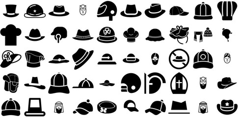 Huge Collection Of Headwear Icons Bundle Hand-Drawn Black Cartoon Web Icon Icon, Hat, Headwear, Queen Symbols Vector Illustration