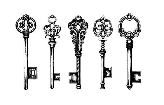 Victorian key collection vintage illustration. Medieval Gothic locks set. Vector keys in engraving