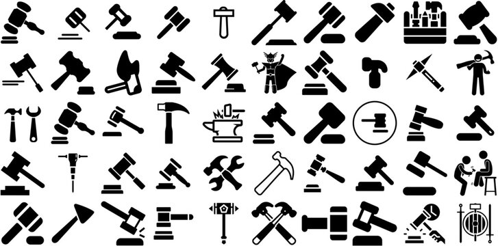 Mega Set Of Hammer Icons Set Hand-Drawn Solid Drawing Glyphs Tool, Finance, Icon, Wrench Symbol For Apps And Websites