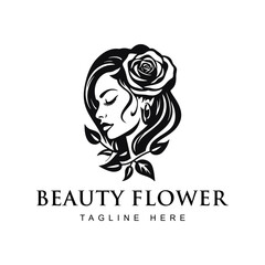 Logo of a beautiful girl with a rose flower ornament in her hair, black and white, vintage design template vector illustration