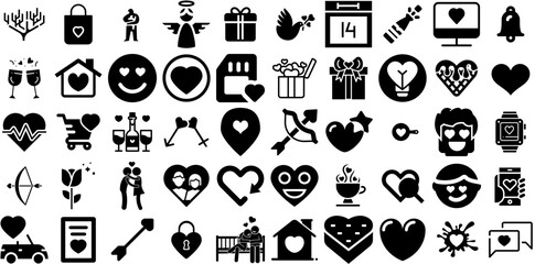 Huge Collection Of Love Icons Set Linear Infographic Silhouette Set, Find, Three-Dimensional, Health Element Isolated On Transparent Background