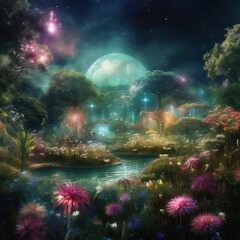 Fototapeta premium Fantasy magical enchanted fairy tale landscape with forest lake. A great illustration for fairy-tale books. A magical garden. 