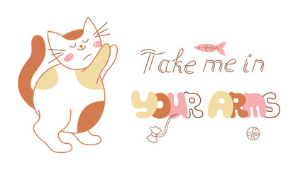 Card with a cute cat that asks for pens and a handwritten inscription. Doodle color vector illustration.