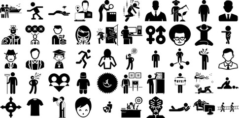 Huge Set Of Man Icons Set Hand-Drawn Solid Cartoon Web Icon Profile, Workwear, Carrying, Silhouette Elements For Computer And Mobile