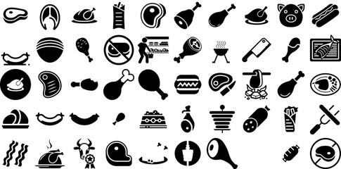 Big Collection Of Meat Icons Collection Hand-Drawn Solid Cartoon Elements Icon, Silhouette, Vegetable, Plant Doodle For Computer And Mobile