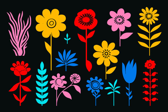 Colorful contemprorary flower seamless pattern illustration. Set of naive hand drawn flowers