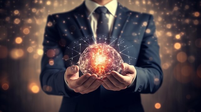businessman holding an augmented reality screen in his hands, brain style, Generative ai