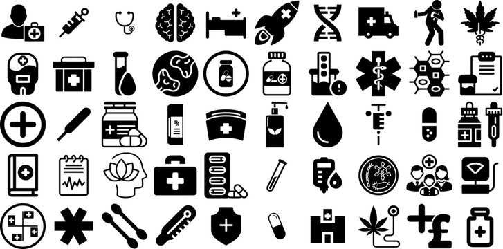Big Set Of Medicine Icons Collection Isolated Design Pictogram People, Patient, Microbiology, Health Silhouettes Isolated On Transparent Background
