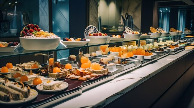 Close-up of luxurious buffet in a beautiful hotel. A richly laid table with various sweets, cupcakes, nuts and other sweet snacks. Generative AI