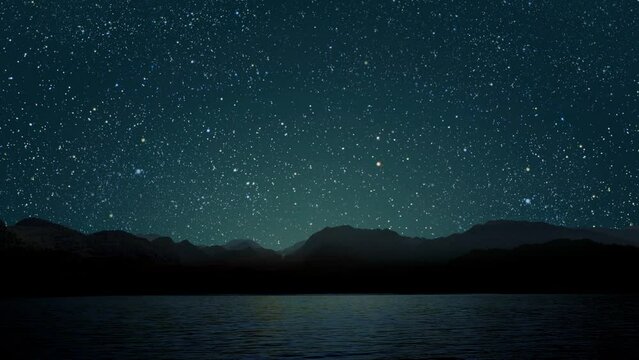 a night sea with a view of mountains and starry sky