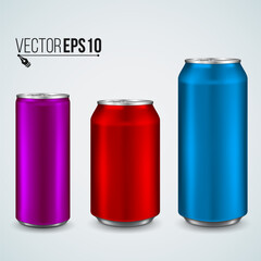 Aluminum can isolated on light background. Realistic metallic can for beer, soda, lemonade, juice, energy drink. Vector template for your design.
