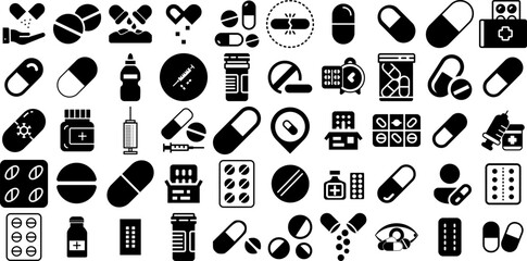 Massive Set Of Pill Icons Pack Linear Concept Symbols Health, Glyphs, Tablet, Icon Illustration For Computer And Mobile - obrazy, fototapety, plakaty