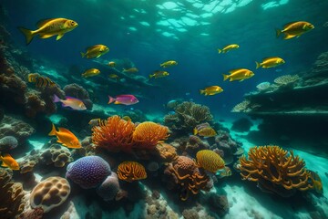 Fototapeta na wymiar coral reef with fish wallpaper and background generated by AI