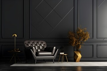 interior design, Modern living room interior design with black leather armchair and gold decoration