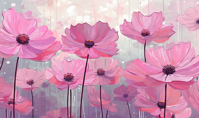  a painting of pink flowers on a purple and pink background.  generative ai