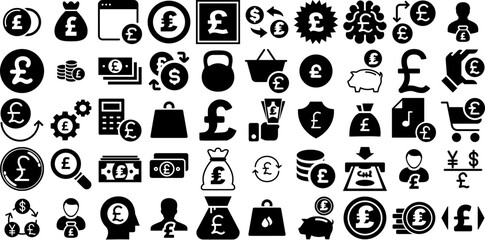 Massive Set Of Pound Icons Pack Hand-Drawn Solid Infographic Silhouettes Coin, Money, Finance, Icon Pictograms Isolated On Transparent Background