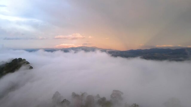 Mountain with foggy in morning moving on blue sky natural background. top view with frist light golden time