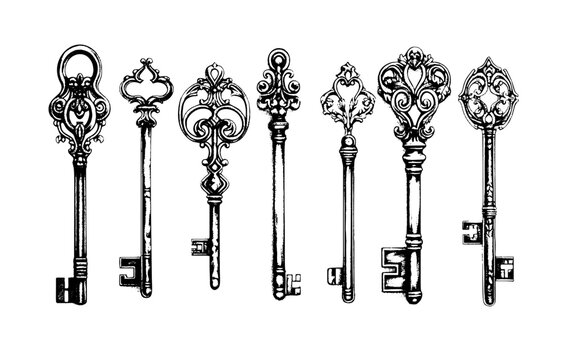 Victorian key collection vintage illustration. Medieval Gothic locks set. Vector keys in engraving