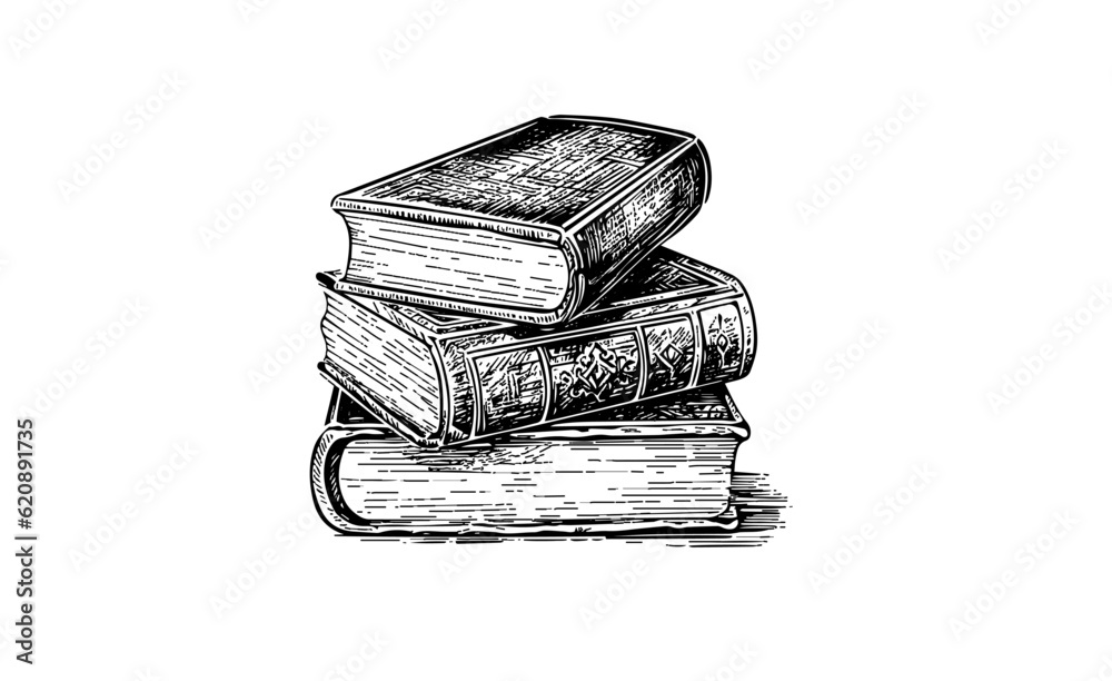 Wall mural sketch engraving stack of books. hand drawn vector illustration. black and white composition.