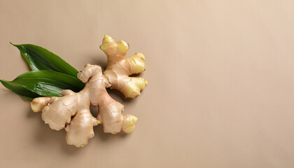 Fresh ginger with green leaves on light pale brown background, flat lay. Space for text