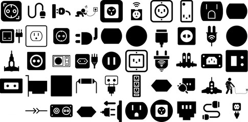 Mega Set Of Socket Icons Bundle Black Design Silhouette Socket, Outlet, Multiple, Cable Symbol Isolated On Transparent Background