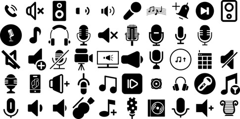 Huge Set Of Sound Icons Pack Hand-Drawn Black Design Elements Icon, Speaker, Symbol, Glyphs Pictograms Vector Illustration