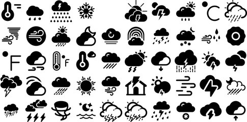 Huge Collection Of Thunderstorm Icons Bundle Hand-Drawn Black Modern Clip Art Tropical Storm, Icon, Gradient, Thermometer Pictogram For Apps And Websites