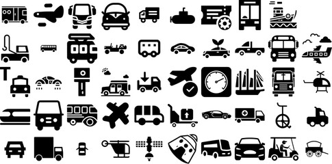 Big Collection Of Transport Icons Collection Hand-Drawn Solid Modern Clip Art Icon, Ship, Symbol, Garden Elements Isolated On Transparent Background