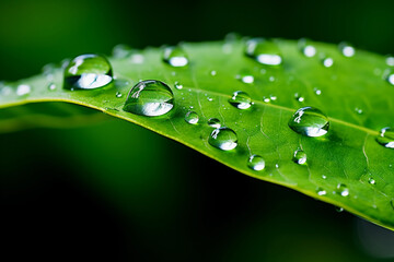 Macro large dew or raindrops on a green leaf, close-up. Summer forest in morning glow at sun day. Generative AI