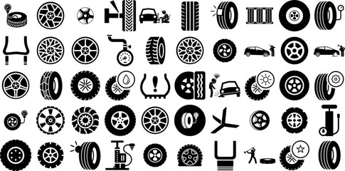 Big Collection Of Tyre Icons Pack Hand-Drawn Isolated Cartoon Symbol Tire, Icon, Tyre, Vehicle Graphic Isolated On Transparent Background - obrazy, fototapety, plakaty