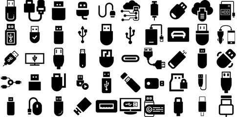 Huge Set Of Usb Icons Pack Isolated Vector Symbol Set, Adapter, Icon, Symbol Silhouettes Vector Illustration