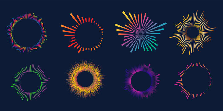 Isolated radial sound wave curve with light particles. Frequency audio waveform, music wave, circle bar, voice graph signal. Vector illustration
