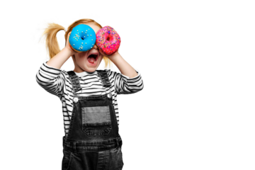Happy cute girl is having fun played with donuts on png background. Bright photo of a child. Colored donuts