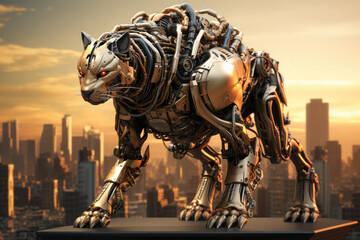 Fototapeta na wymiar animal robot with cityscape on background