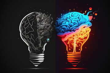 Creative Idea with Brain, Light Bulb Illustration. Knowledge, Smart Solution Line, Silhouette Color Icon Set. Light Bulbs, Human Brain Pictogram. Inspiration, Black background. Generative AI