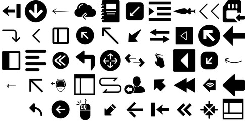 Mega Set Of Left Icons Bundle Hand-Drawn Black Vector Pictogram Cursor, Way, Foot, Icon Clip Art Isolated On Transparent Background