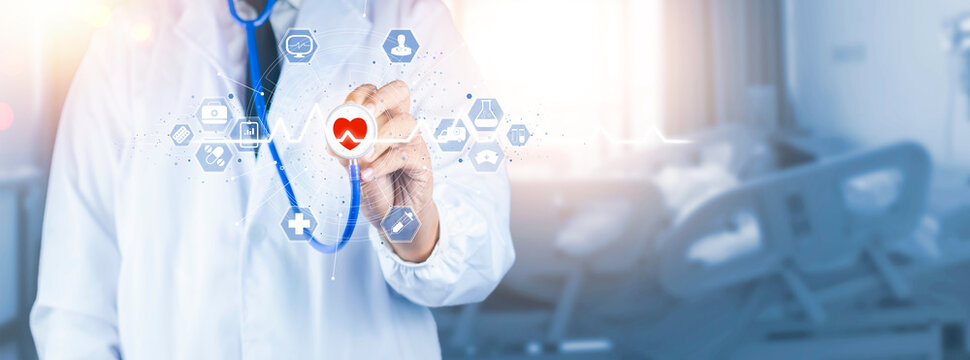 Medical technology network concept, Medicine doctor and stethoscope in hand touching icon medical network connection with modern virtual screen interface. Digital healthcare. Insurance.