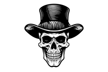 Human skull in a hat in woodcut style. Vector engraving sketch illustration for tattoo and print design.