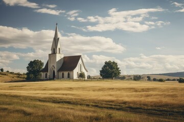 Vintage photo of old church in the field. Retro style.