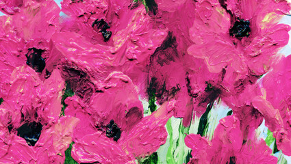 Oil painting. Red gladiolus in the garden