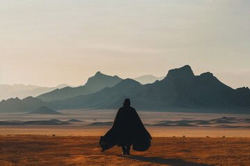 A person walking in the desert, fictional landscape made with generative ai