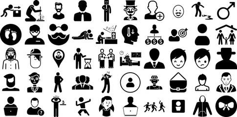 Massive Collection Of Man Icons Bundle Hand-Drawn Linear Infographic Pictogram Profile, Carrying, Workwear, Silhouette Clip Art Vector Illustration