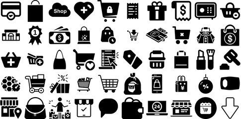 Huge Collection Of Shopping Icons Set Isolated Drawing Silhouettes Goodie, Purchase, Mark, Shopping Centre Symbol Isolated On White