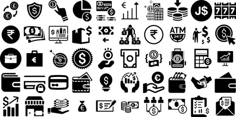 Big Set Of Money Icons Set Hand-Drawn Solid Modern Glyphs Goodie, Finance, Silhouette, Coin Doodles Isolated On Transparent Background