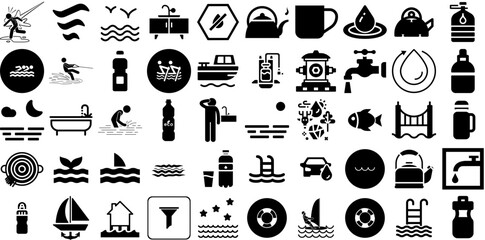 Mega Collection Of Water Icons Pack Solid Drawing Glyphs Yacht, Tool, Wind, Bathing Silhouette For Computer And Mobile - obrazy, fototapety, plakaty