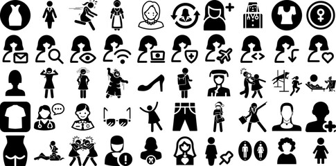 Massive Set Of Woman Icons Collection Solid Vector Pictogram Workwear, Silhouette, People, Figure Silhouettes Isolated On White