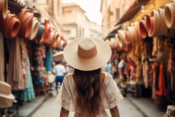 Obraz premium The back view of a young stylish woman exploring a bustling outdoor market, her straw hat contributing to her effortlessly chic vacation look Generative AI