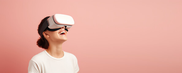 Joyful young woman smiling in white virtual reality glasses isolated on flat pastel pink background with copy space. Happy girl in the VR glasses. Generative AI  studio photo.