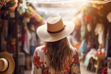 Obraz premium The back view of a young stylish woman leisurely walking through a vibrant local market, her straw hat adding a touch of flair to her ensemble Generative AI