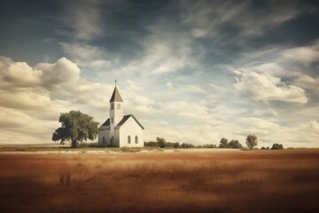 Digital painting of a church in a meadow and mountains in the background - Powered by Adobe